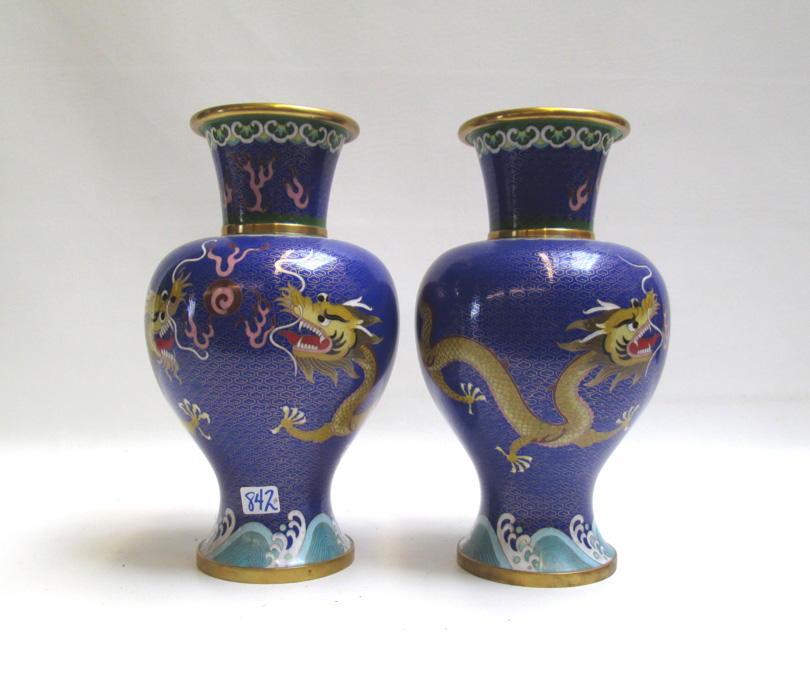 Appraisal: PAIR CHINESE CLOISONNE VASES baluster form having stylized dragon and