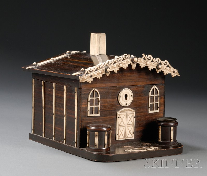 Appraisal: Whimsical Cottage-form Faux Grained and Bone-accented Cigar Box Central or