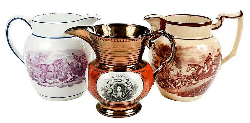 Appraisal: Three Staffordshire Transfer Decorated Pitchers British early th century copper