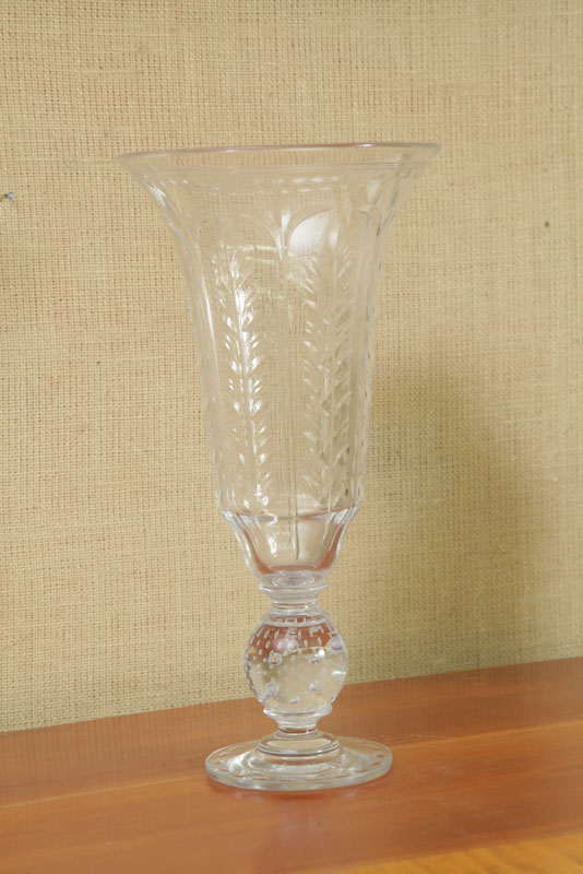 Appraisal: CUT GLASS TRUMPET VASE With controlled bubble stem Unmarked likely