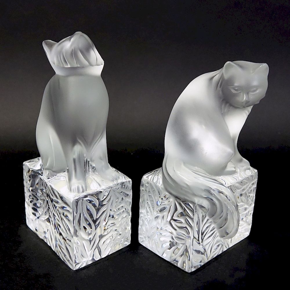 Appraisal: Two Lalique Crystal Cat Paperweights Two Lalique Frosted to Clear