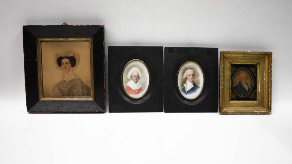 Appraisal: FOUR MINIATURE HAND PAINTED PORTRAITS George and Martha Washington portrait