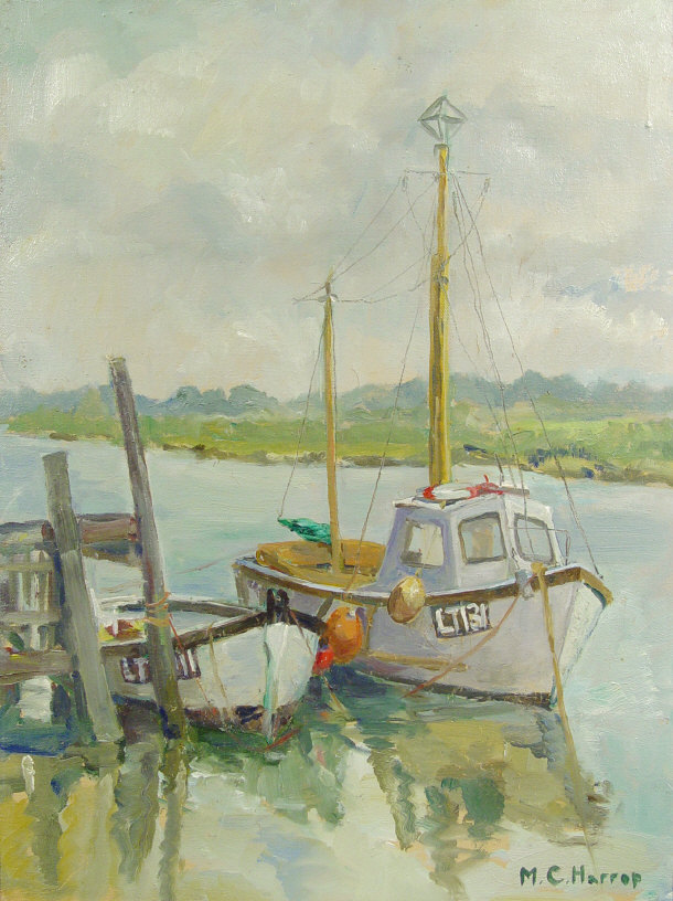 Appraisal: M C Harrop - Oil onto canvas of moored fishing