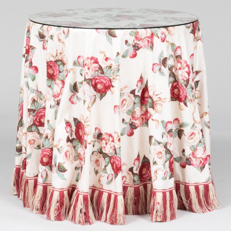 Appraisal: Two Contemporary Circular Tables Draped with Red and Rose Printed