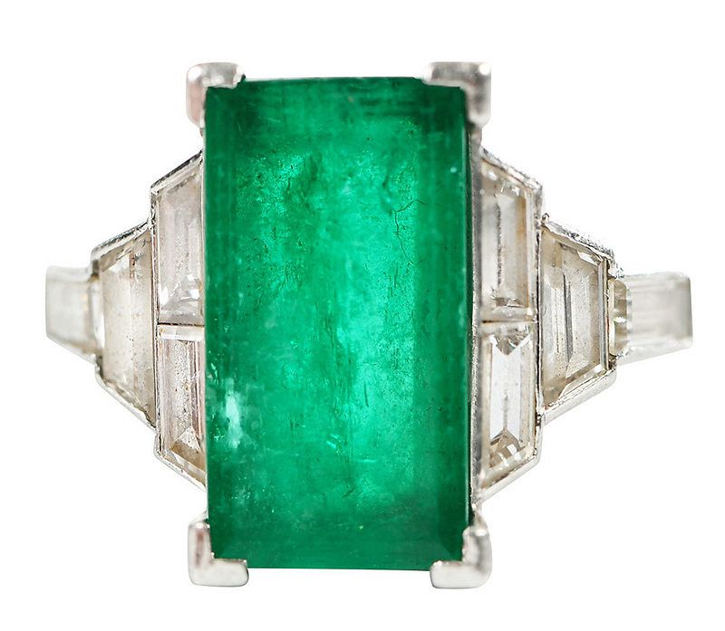 Appraisal: Antique Platinum Emerald Diamond Ring center rectangle cut emerald estimated