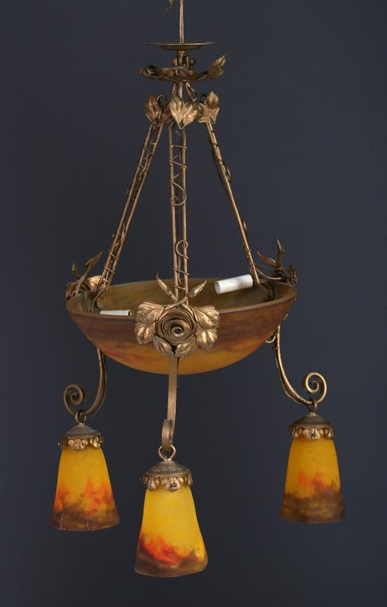 Appraisal: MULLER FR RES GILT-METAL AND MOTTLED GLASS SIX-LIGHT CHANDELIER Signed