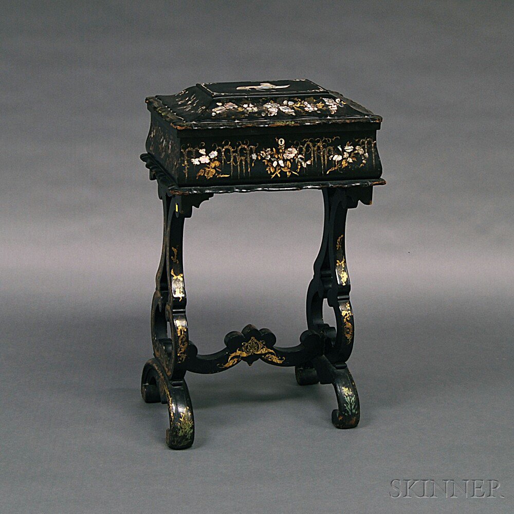 Appraisal: Chinese Export Black-lacquered Sewing Stand and Box th century the