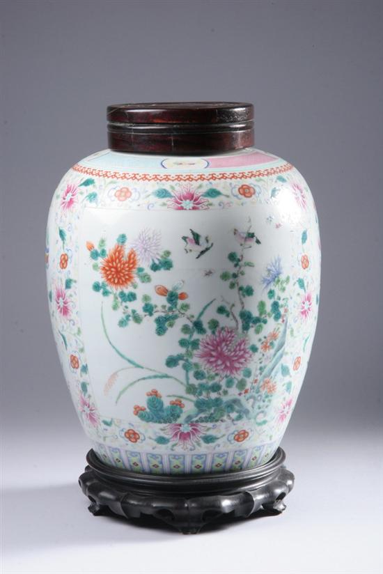 Appraisal: CHINESE FAMILLE ROSE PORCELAIN JAR Qing Dynasty Ovoid-form painted with