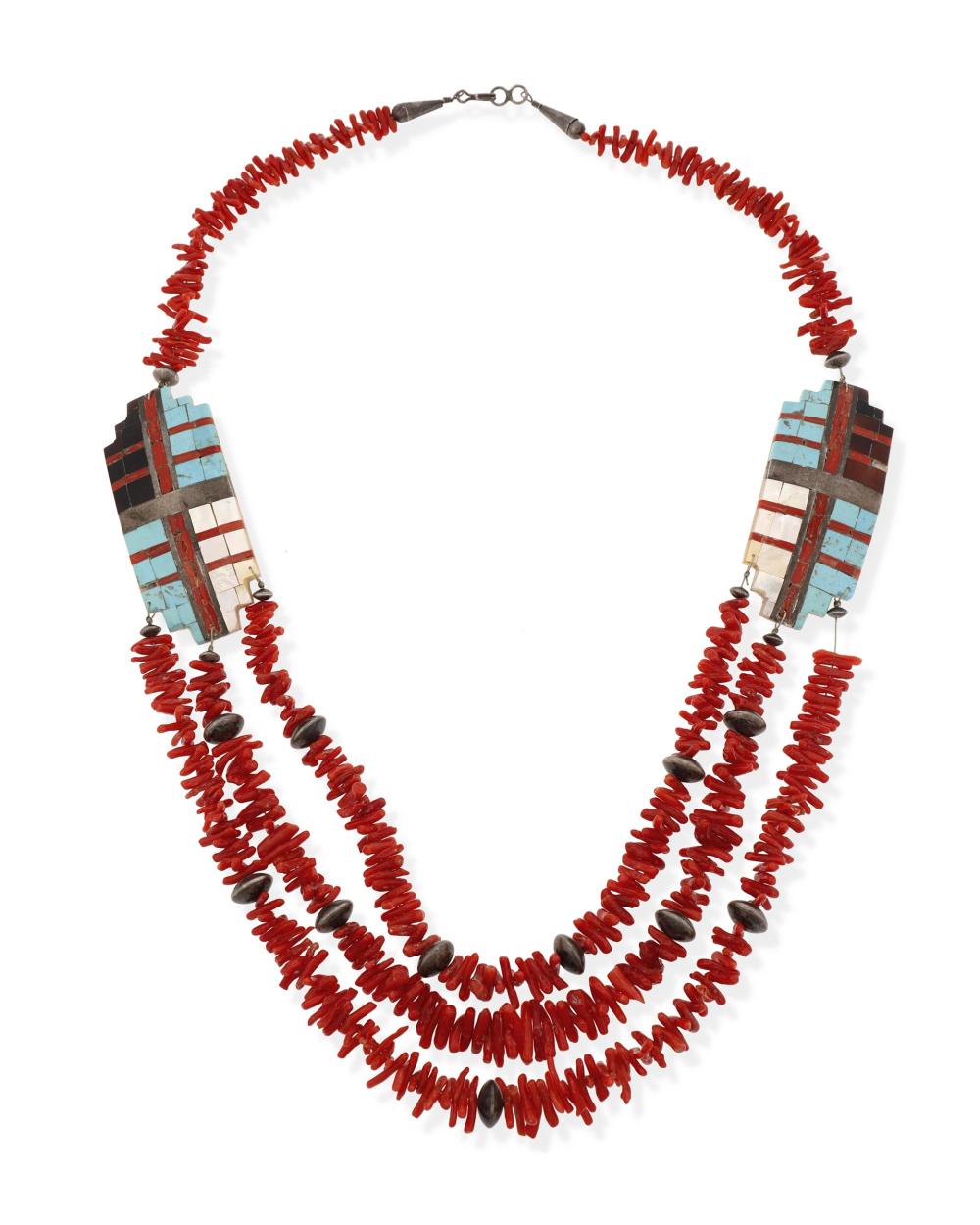 Appraisal: A Santo Domingo Pueblo coral and inlaid necklace Mid- th