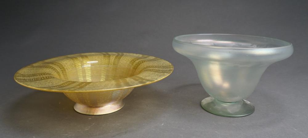 Appraisal: Two Unsigned Iridescent Art Glass Center Bowls Diameter of Larger