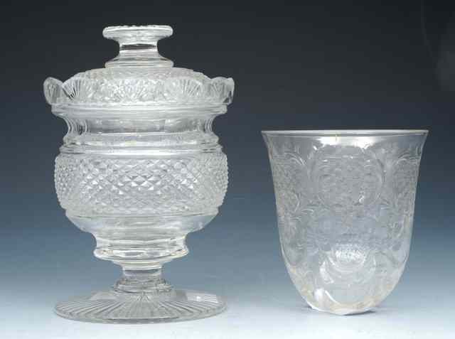 Appraisal: A CUT GLASS SWEETMEAT JAR and cover probably Irish and