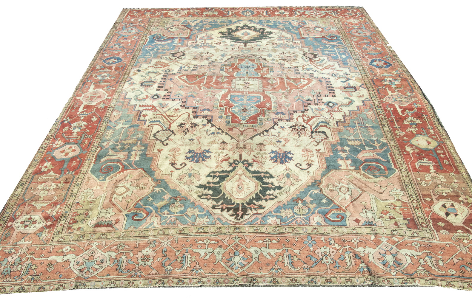 Appraisal: SERAPI CARPET Large gabled stepped medallion in red rose sky