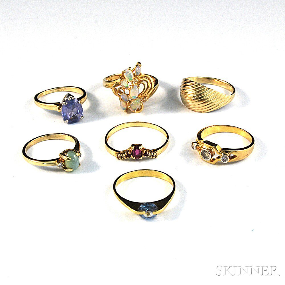 Appraisal: Seven Gold Gem-set Rings mostly kt stones include opal diamond