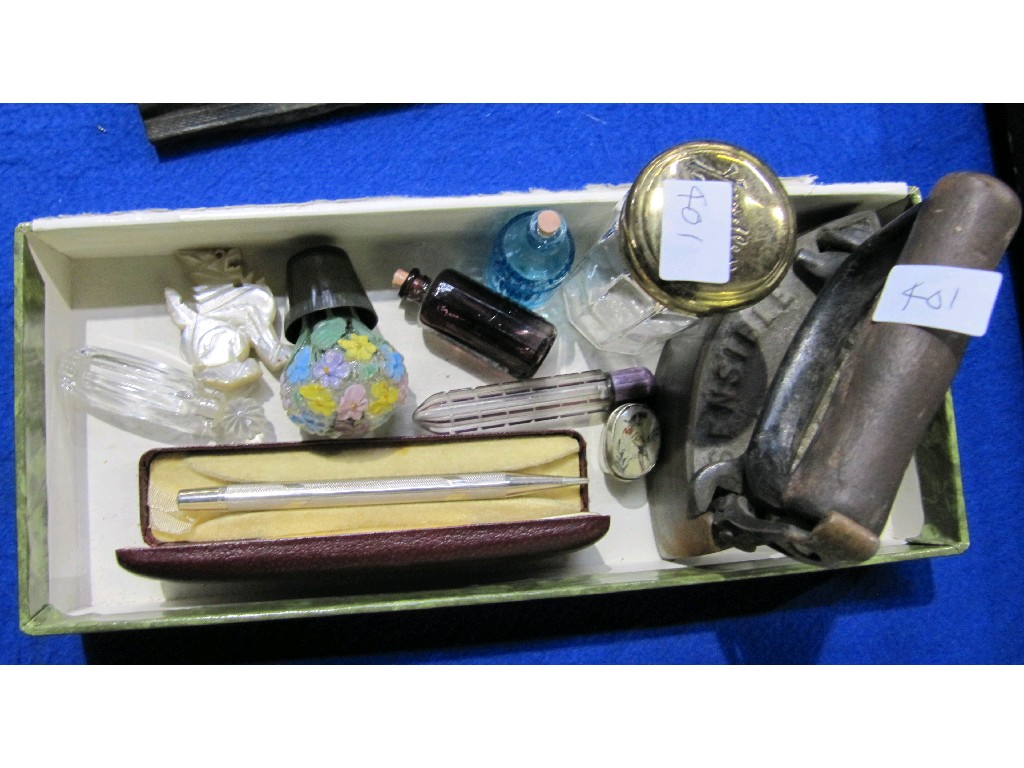 Appraisal: Box of miscellania - flat iron scent bottles etc