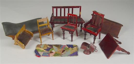 Appraisal: Doll House Furnishings Circa Hall bench two chaises chairs table