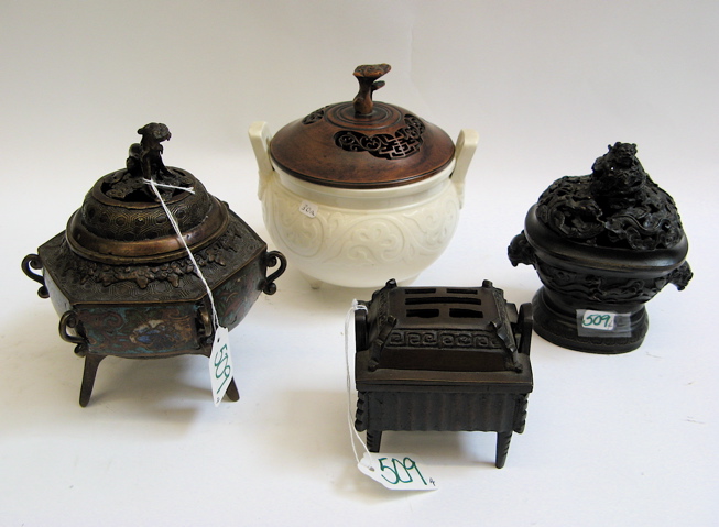 Appraisal: FOUR CHINESE CENSERS includes a cloisonne decorated tri-footed with foo