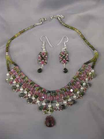 Appraisal: Tourmaline Necklace Earrings green red gems in fancy sterling silver