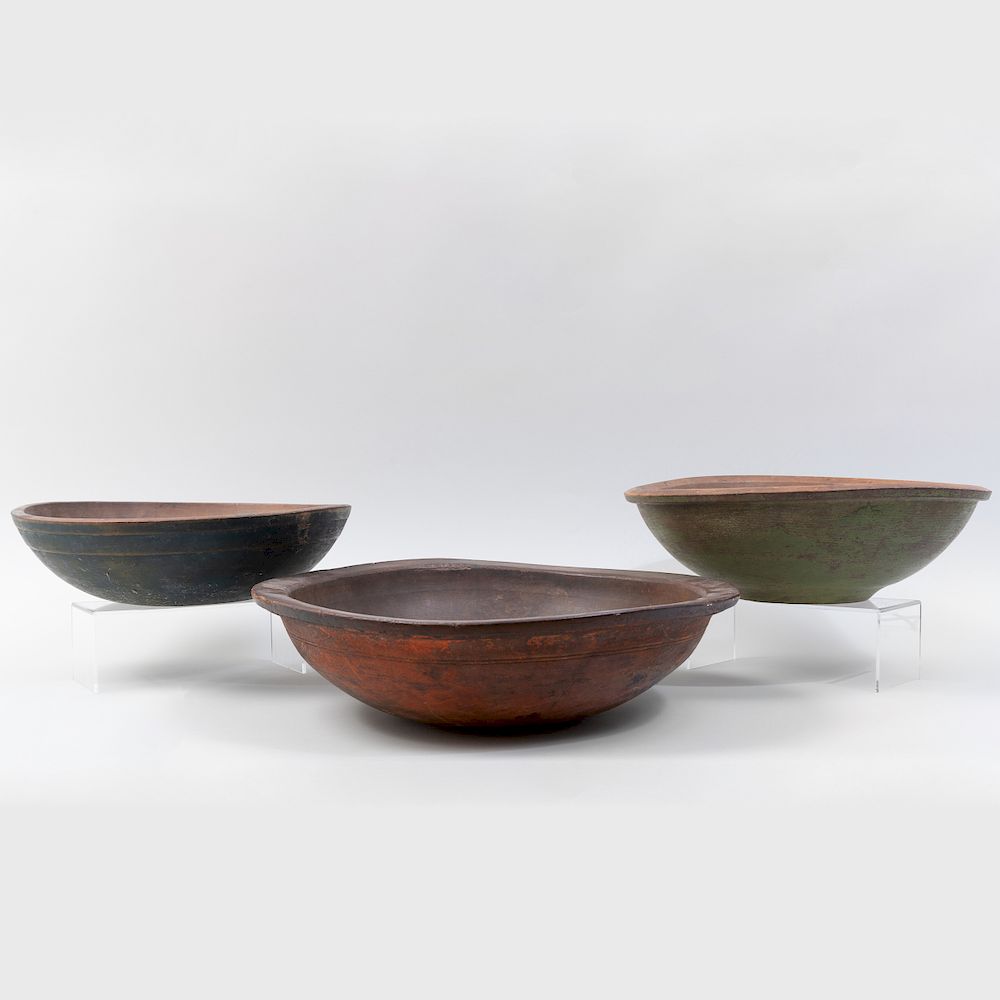 Appraisal: Three Large American Painted Wood Bowls In graduated sizes comprising