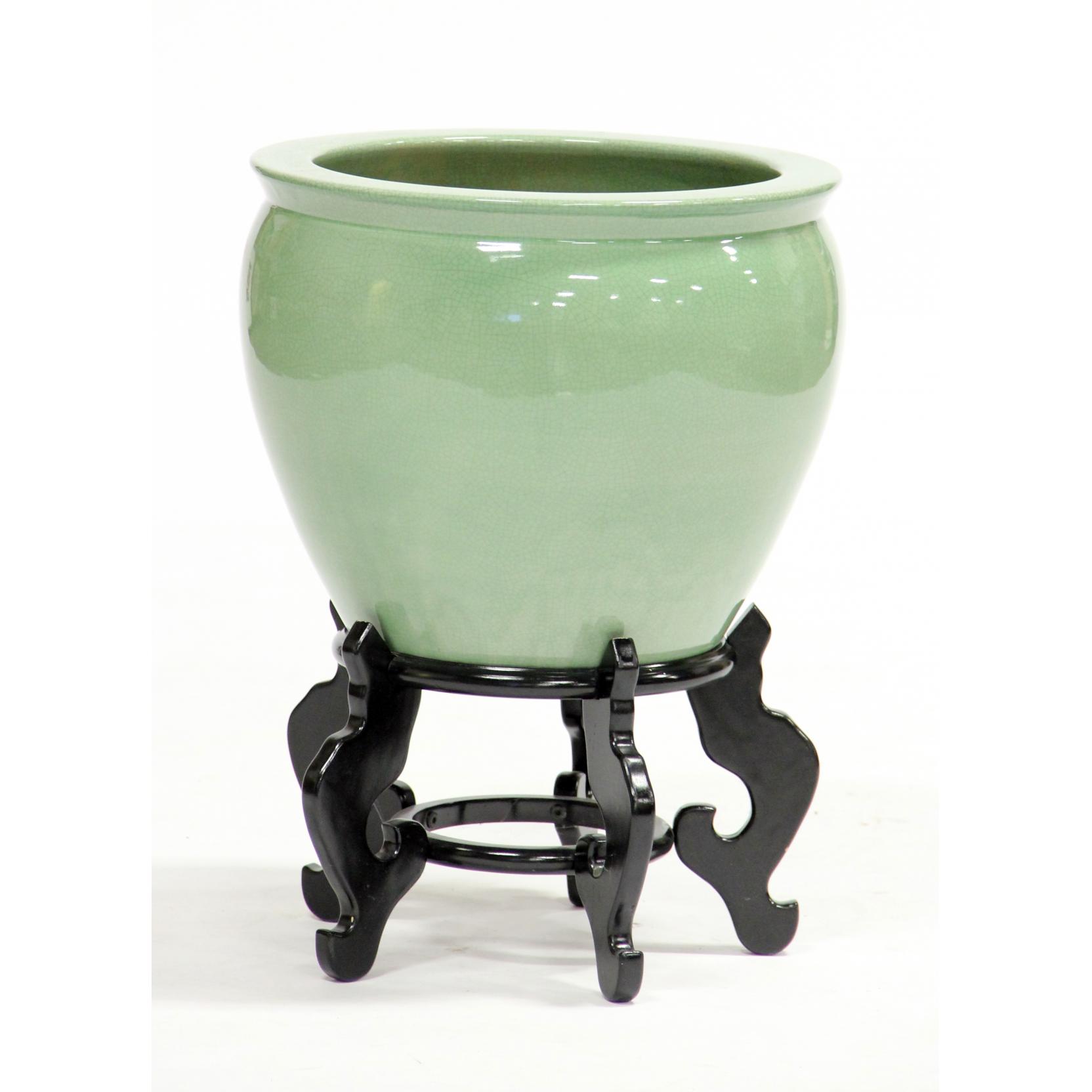 Appraisal: Chinese Celadon Jardiniere contemporary crackle glaze on hardwood stand DOA