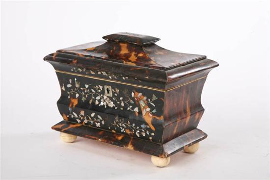 Appraisal: TORTOISE SHELL TEA CADDY Of stepped sarcophagus form Floral mother