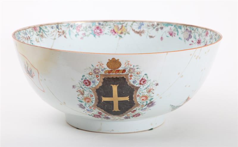 Appraisal: CHINESE EXPORT FAMILLE ROSE ARMORIAL PORCELAIN LARGE PUNCH BOWL With