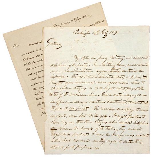 Appraisal: WAR OF Two letters comprising a draft of a petition