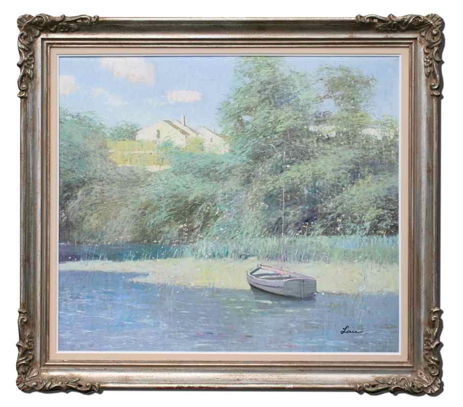 Appraisal: SUN-LIT POND SCENE SIGNED LAU OIL Canvas '' x ''