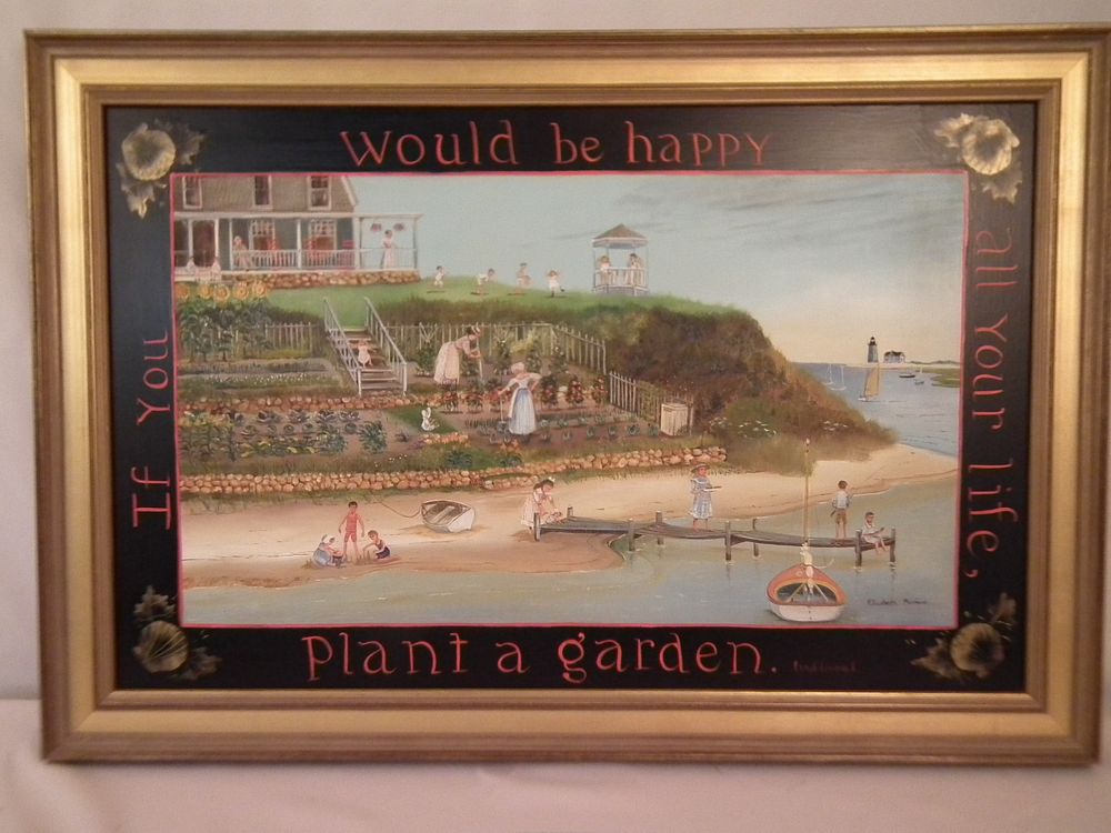 Appraisal: ELIZ MUMFORD SEASIDE GARDEN PAINTING Folk art oil painting on