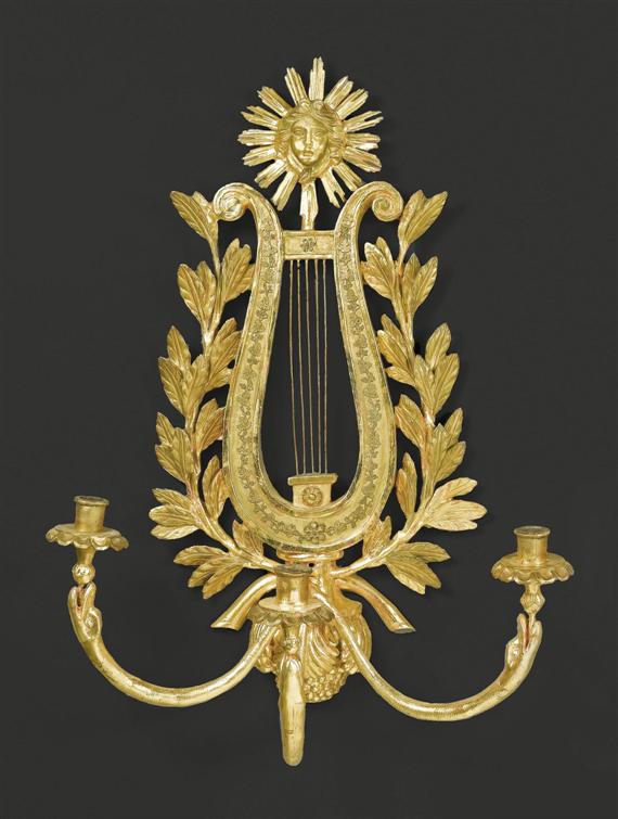 Appraisal: PAIR OF IMPORTANT CARVED GILT WOOD APPLIQUES A LA LYRE