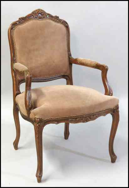 Appraisal: FRENCH PROVENCIAL STYLE OPEN ARM CHAIR With nailhead trim Back