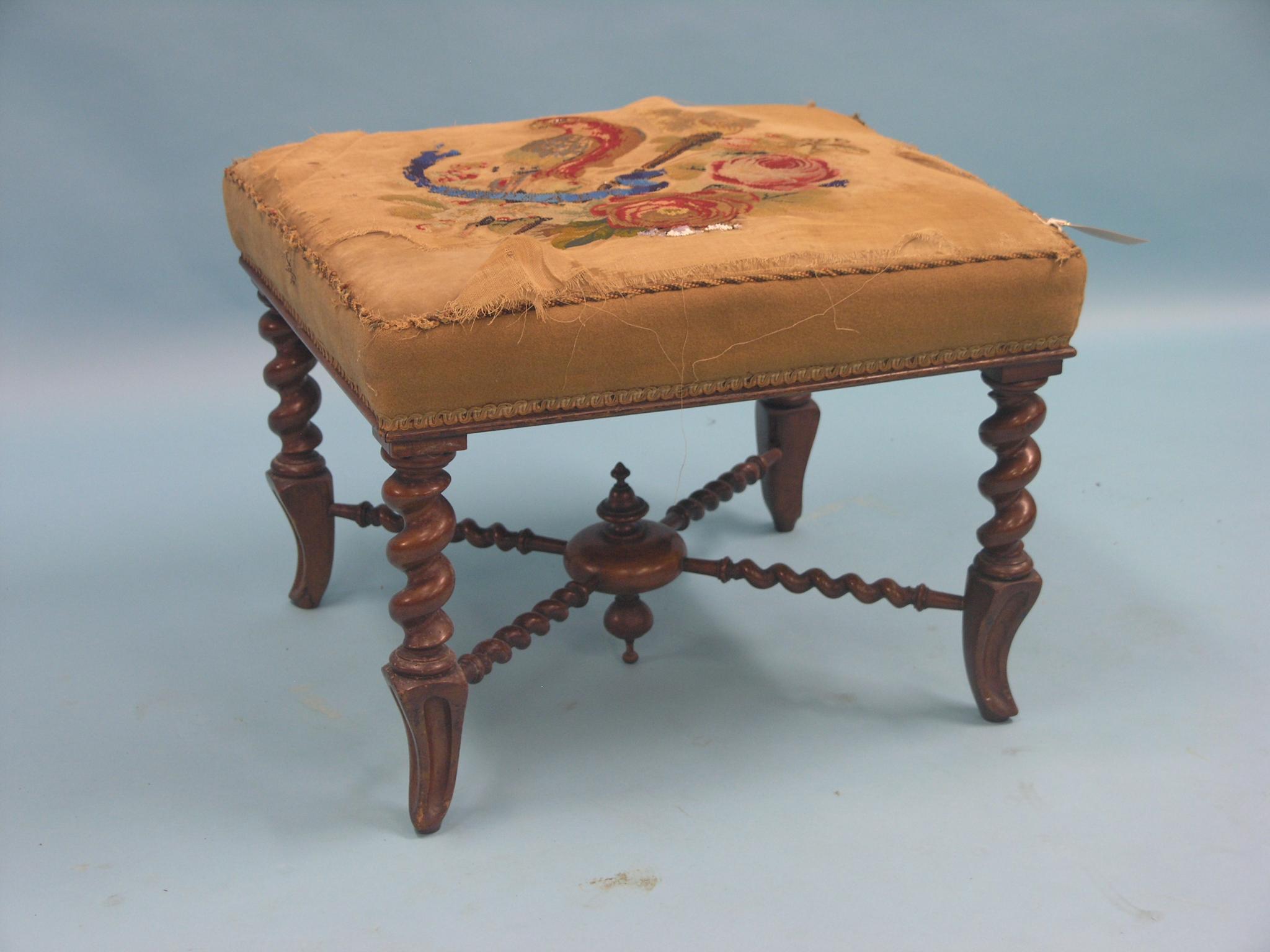 Appraisal: A Victorian walnut-framed stool spiral-twist underframe with cross-stretchers upholstery poor