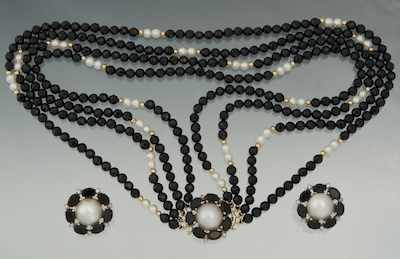 Appraisal: A Ladies' Onyx and Pearl Necklace and Matching Ear Clips