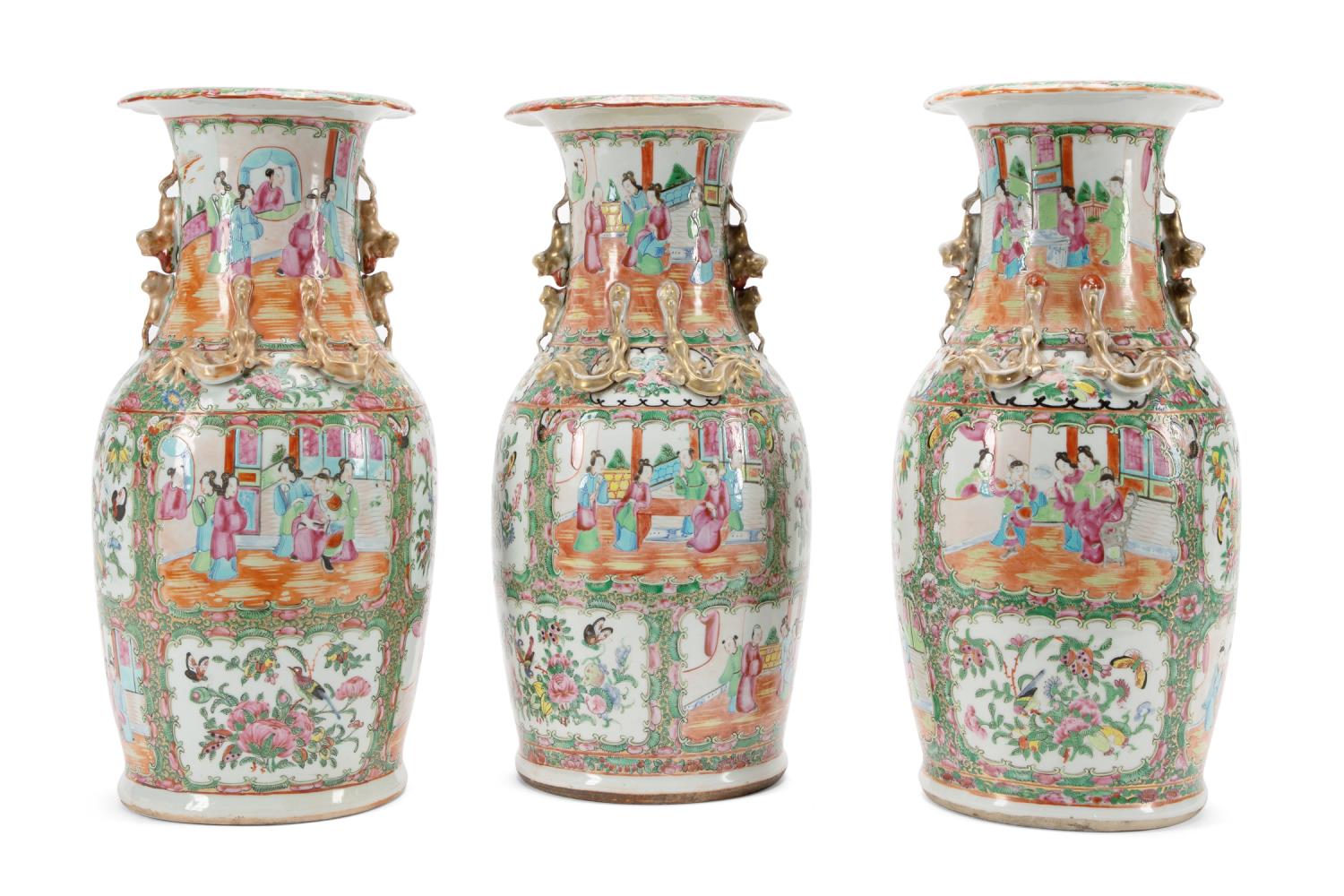 Appraisal: SET OF THREE CHINESE ROSE MEDALLION BALUSTER VASES Set of