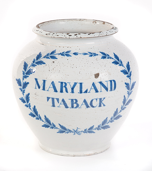 Appraisal: DELFT TOBACCO JAR Netherlands th century Ovoid with tin glaze