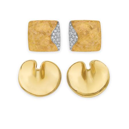 Appraisal: Two Pairs of Gold and Diamond Earclips Estimate -