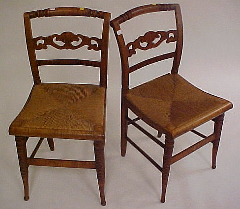 Appraisal: Two country Sheraton figured maple side chairs pierced back splats