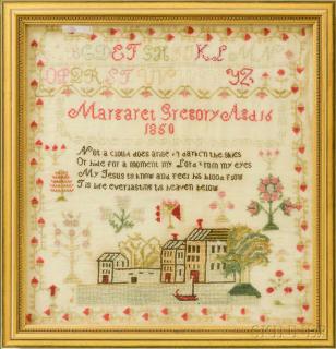 Appraisal: Framed Needlework Sampler Margaret Gregory Framed Needlework Sampler Margaret Gregory