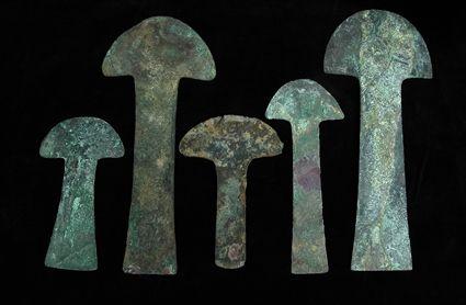 Appraisal: FIVE PRE-COLUMBIAN TUMI BRONZE BLADES to in Provenance Property from