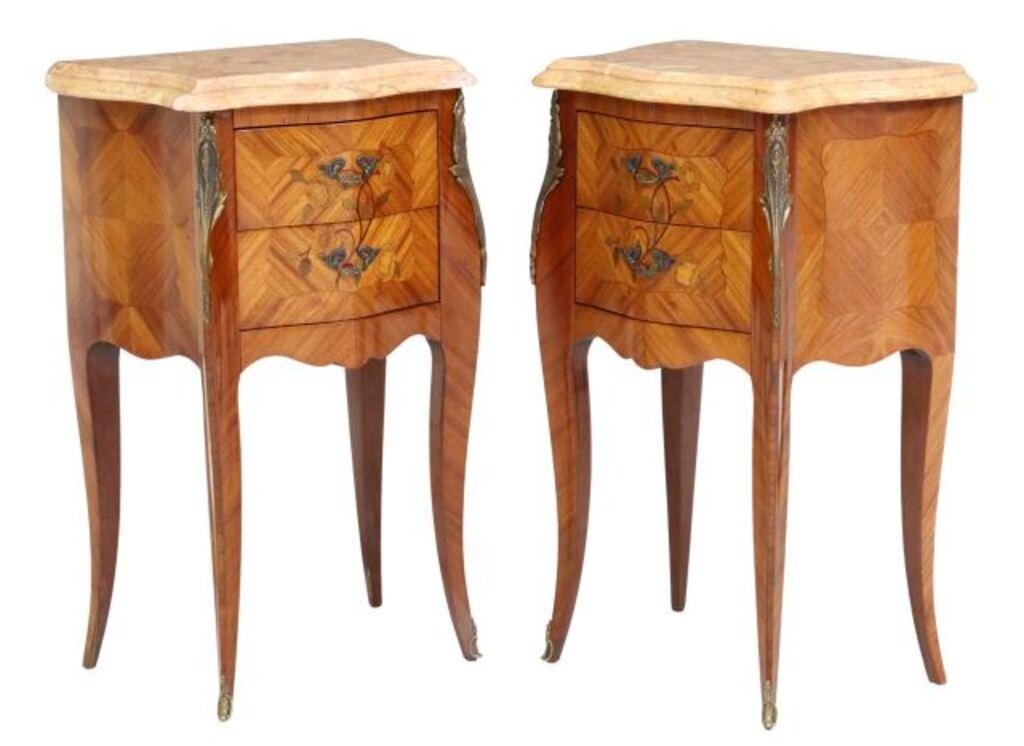 Appraisal: pair French Louis XV style marble-top nightstands th c having