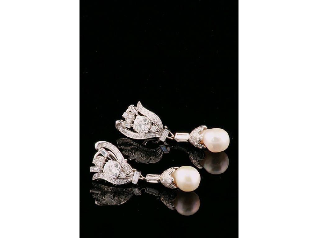 Appraisal: A PAIR OF NIGHT DAY DIAMOND AND PEARL EARRINGS each