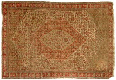 Appraisal: Senneh rug concentric serrated diamond medallions on blue brick red