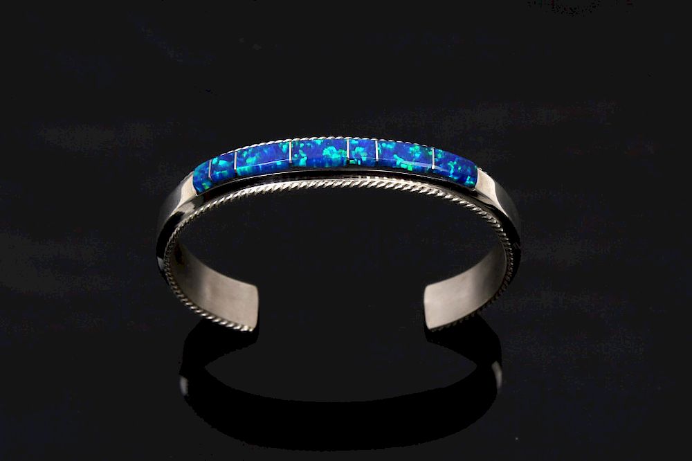 Appraisal: Fran Yazzie Navajo Inlaid Blue Opal Sterling Cuff For bidding