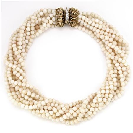 Appraisal: Nine Strand Angel Skin Coral Bead Torsade Necklace with Gold