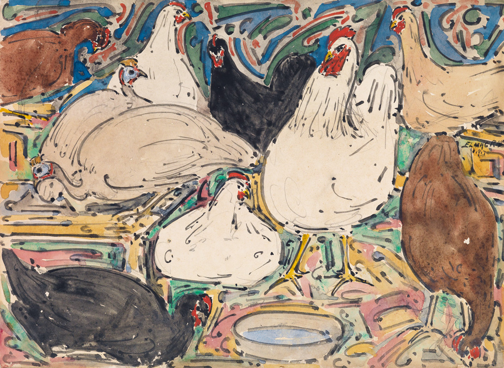 Appraisal: ELMER LIVINGSTON MacRAE Farmyard with Chickens Watercolor and pencil on