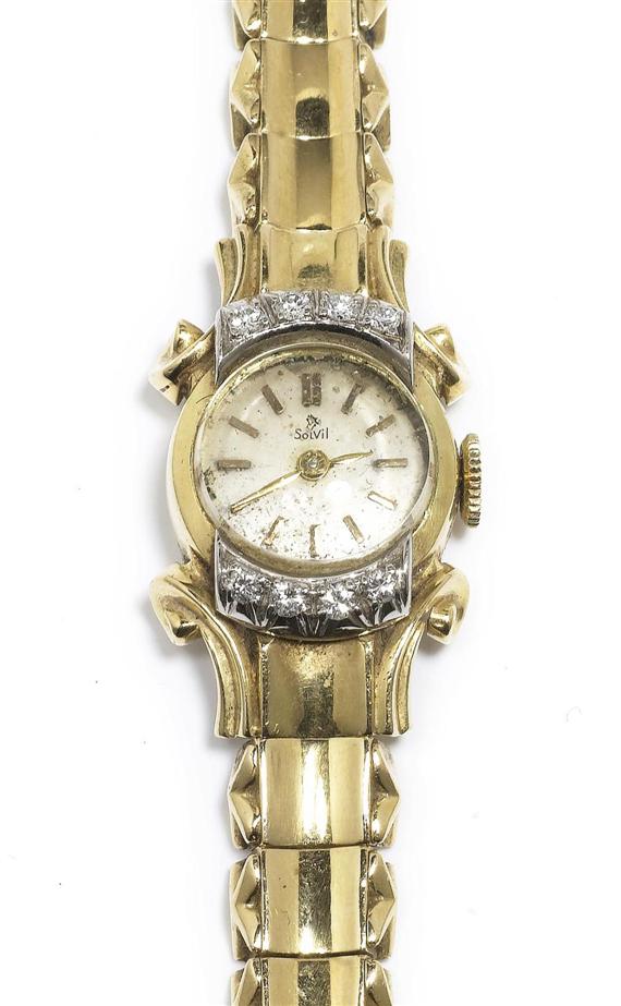 Appraisal: A GOLD AND DIAMOND LADY'S WRISTWATCH SOLVIL circa Yellow gold