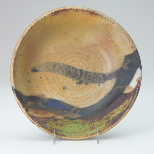 Appraisal: Toshiko Takaezu flaring stoneware bowl with random decoration of chartreuse