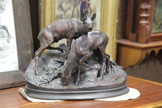 Appraisal: BRONZE SCULPTURE After PJ Mone French - Depicting grazing deer