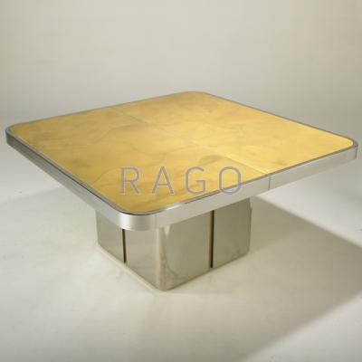 Appraisal: BRUETON Dining table USA s Lacquered parchment stainless steel and