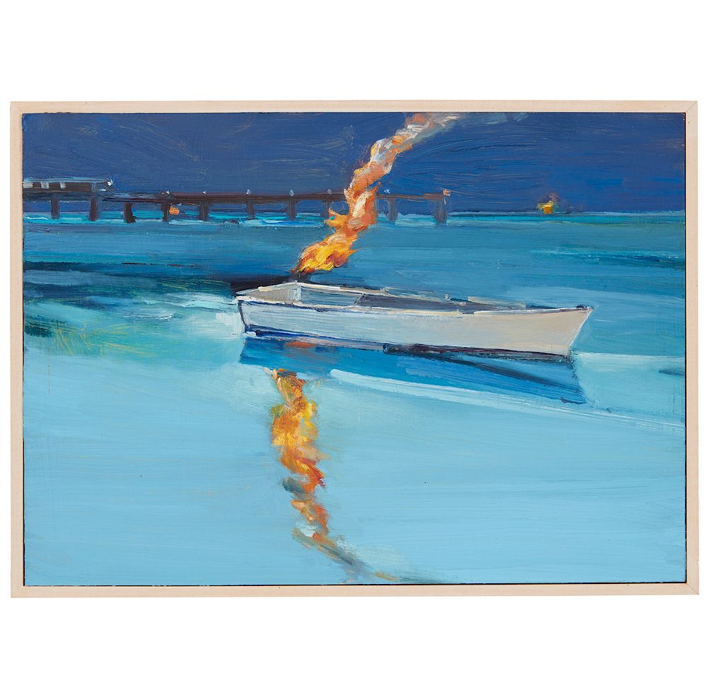 Appraisal: Kim Frohsin b Painting Burning Boat Framed Kim Frohsin b