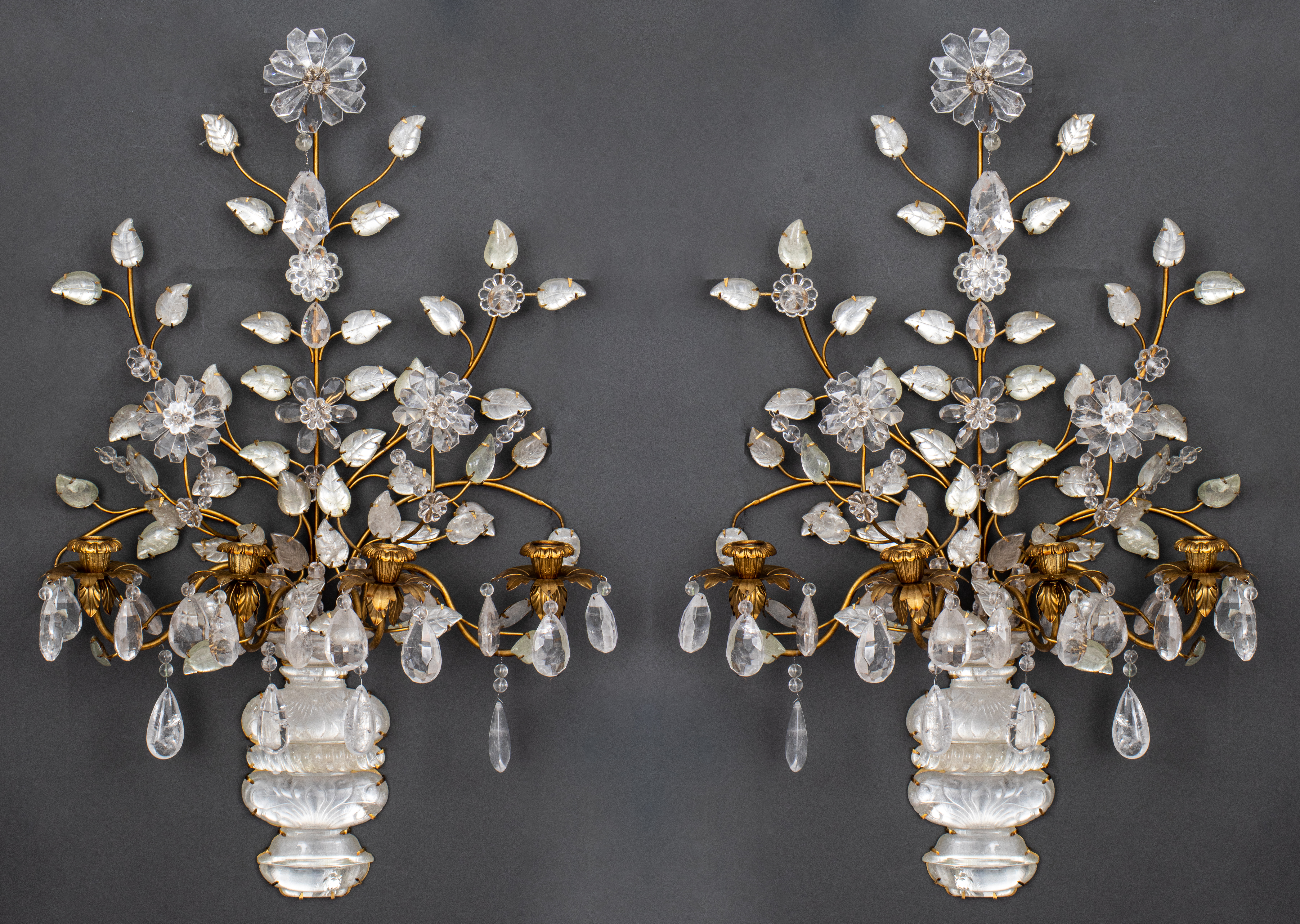 Appraisal: MAISON BAGUES FRENCH ROCK CRYSTAL FLORAL SCONCES Maison Bagues French